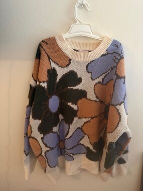 Pink Lily Floral Crewneck Sweater in Cream, Brown & Lavender